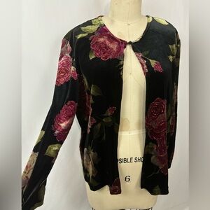 Vintage 90s Velvet Floral Glitter Burnout Cardigan Top Jacket Small Medium